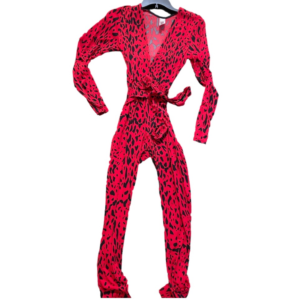 Red and black leopard print plunge V neck bodysuit.